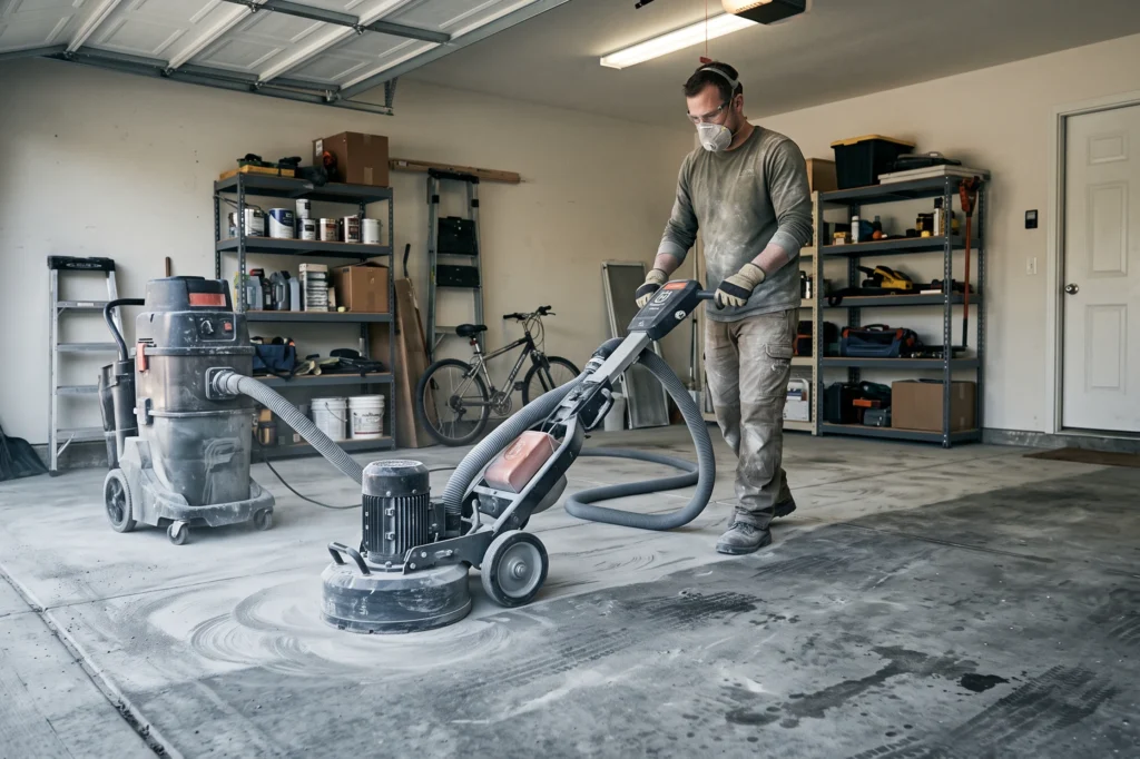 Technician diamond grinding concrete substrate in residential double garage, choosing garage flooring, PVC flake garage floor, comparing epoxy, PVC flake and quartz garage finishes