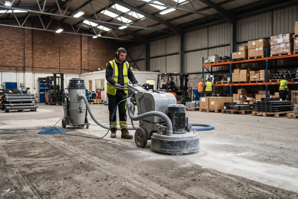 Diamond grinding machine preparing a concrete warehouse floor before resin application, epoxy vs polyurethane, resin floor types, which resin system for a factory floor
