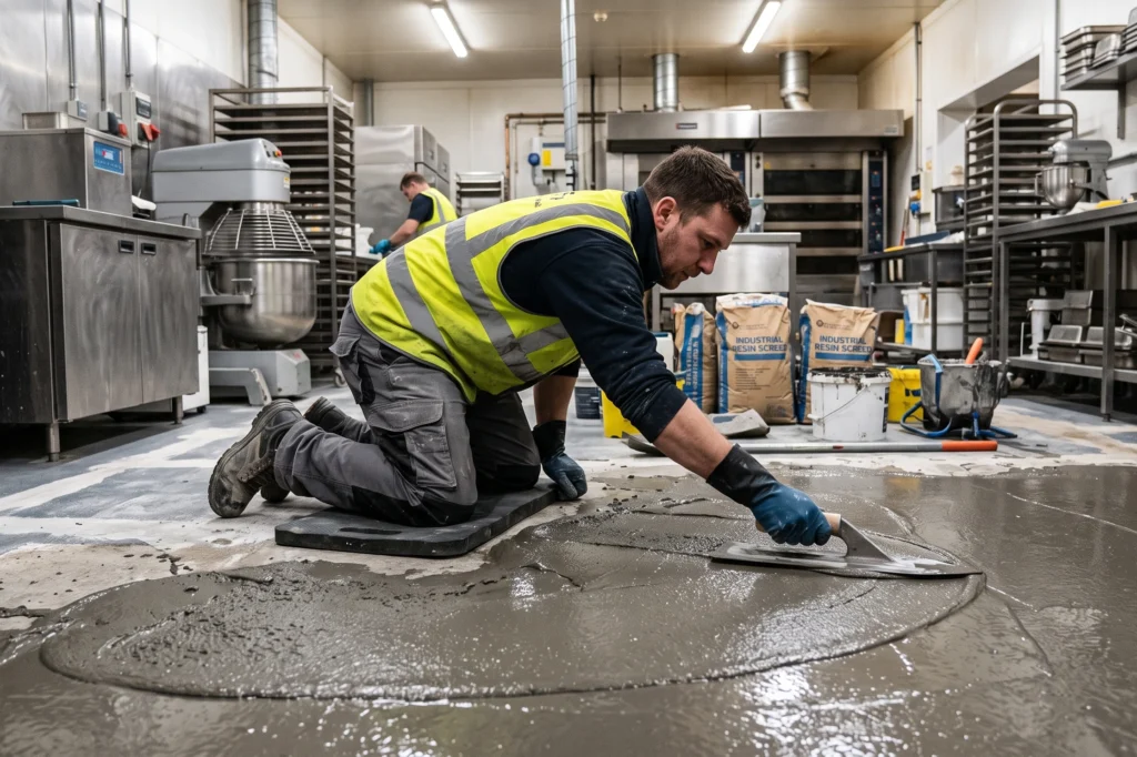 Flooring contractor trowelling heavy duty polyurethane resin screed across a commercial bakery floor