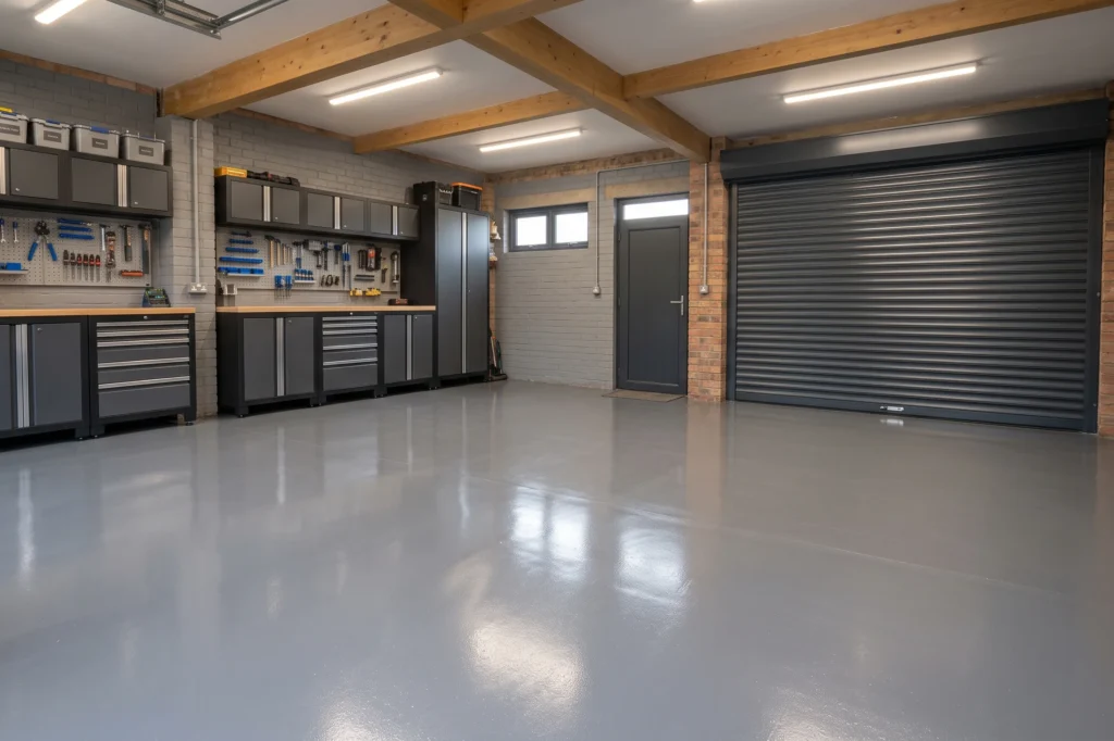Modern residential garage interior with a seamless grey epoxy resin floor, resin garage floor cost, epoxy garage floor prices, what a single, double or treble garage floor costs