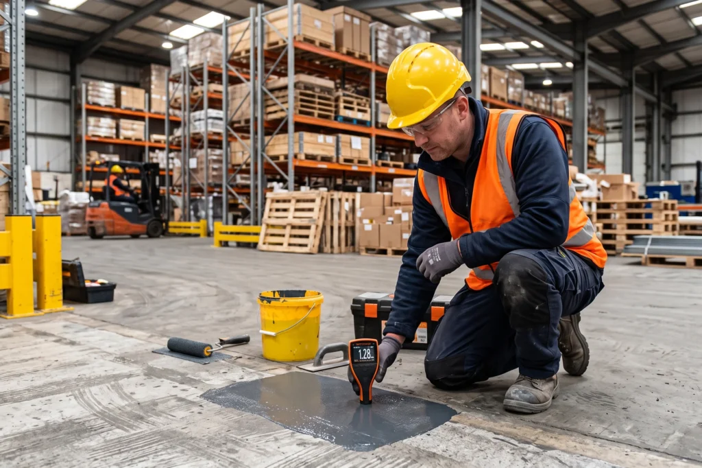 Industrial flooring technician measuring resin thickness on prepared concrete substrate in a warehouse, Resin Flooring Cost, cost per sqm, what drives the price of an industrial resin floor