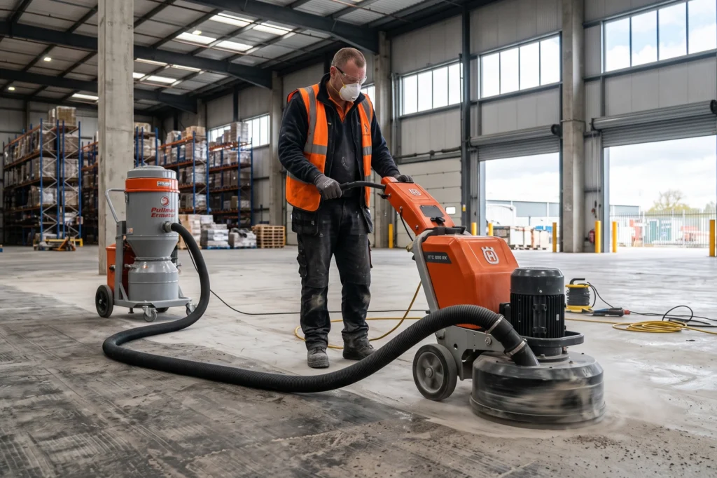 Industrial flooring technician diamond grinding a commercial concrete substrate with HEPA dust extraction, commercial flooring contractor, commercial resin flooring companies, choosing a commercial flooring contractor