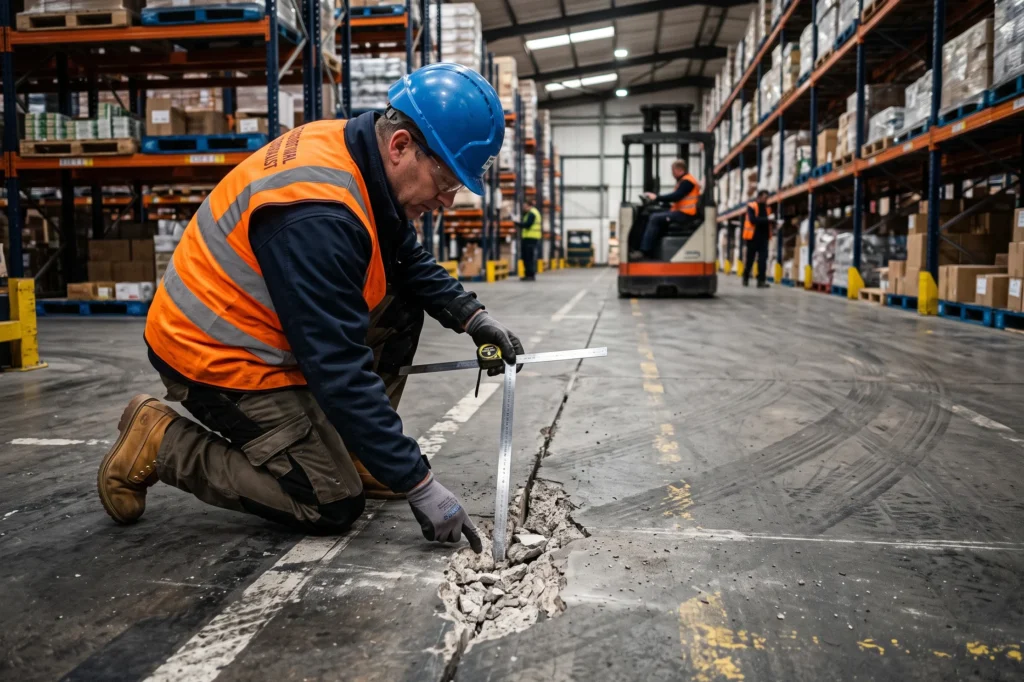 Contractor filling a cracked warehouse floor with epoxy repair mortar, resin floor repairs, industrial floor coating, patch repairs