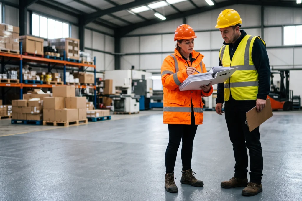 Commercial flooring inspector reviewing contractor RAMS documentation on site, certified industrial resin flooring contractors, proven track record, what accreditations to ask a flooring contractor for
