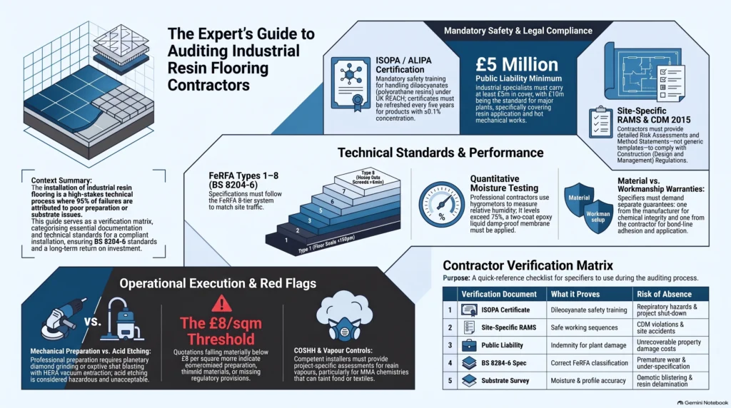 certified industrial resin flooring contractors, industrial resin flooring compliance, FeRFA standards, ISOPA diisocyanate training, BS 8204-6, commercial resin flooring, RAMS documentation, resin floor specification