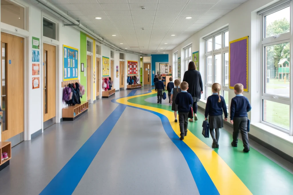 Primary school corridor featuring seamless resin flooring with visual colour demarcation, Epoxy resin flooring in schools, heavy foot traffic, flooring for school corridors, halls and dining areas