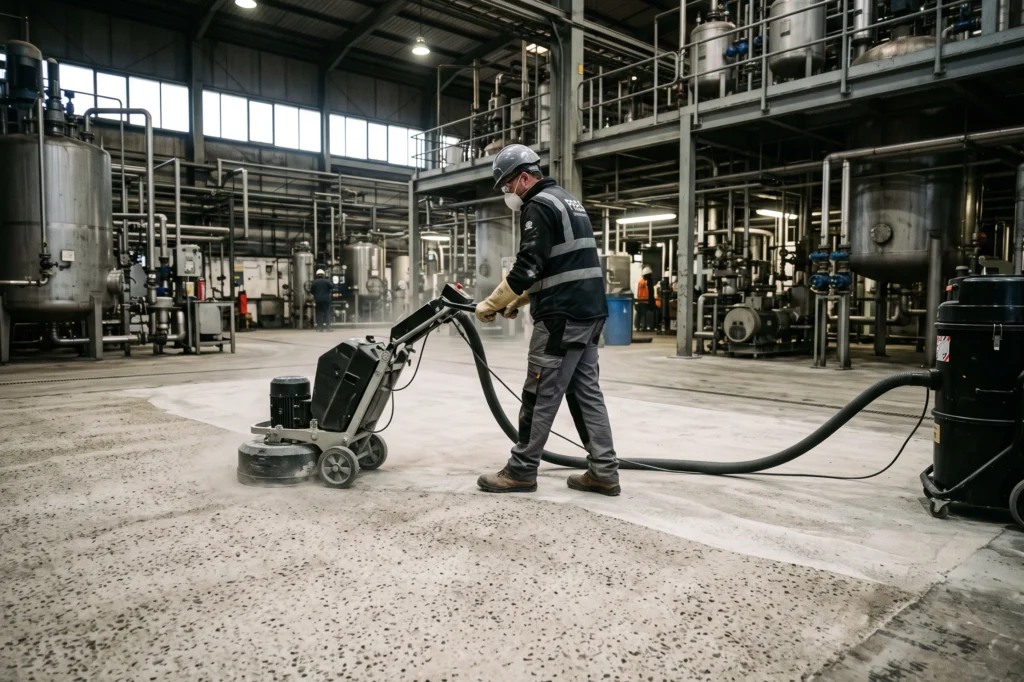 Industrial resin flooring specialist diamond grinding a concrete substrate in a Cheshire chemical plant, industrial resin floor installers Cheshire, resin flooring companies Cheshire, questions to ask an industrial resin flooring contractor in Cheshire