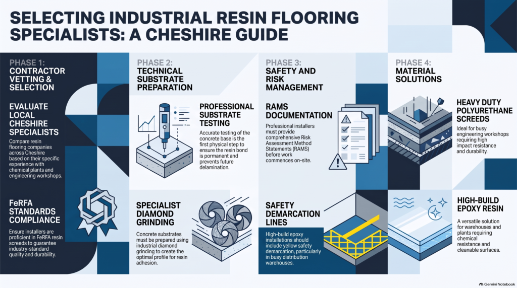 industrial resin floor installers Cheshire, resin flooring companies Cheshire, questions to ask an industrial resin flooring contractor in Cheshire, industrial resin flooring, FeRFA resin screeds, chemical resistant flooring, epoxy floor installers, industrial floor preparation