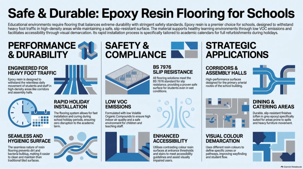 epoxy resin flooring in schools, heavy foot traffic, resin school floors, educational flooring compliance, school slip resistance BS 7976, polyaspartic school flooring, FeRFA resin systems, school floor refurbishment